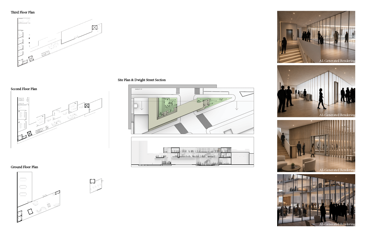 Plans, site section & interior renderings