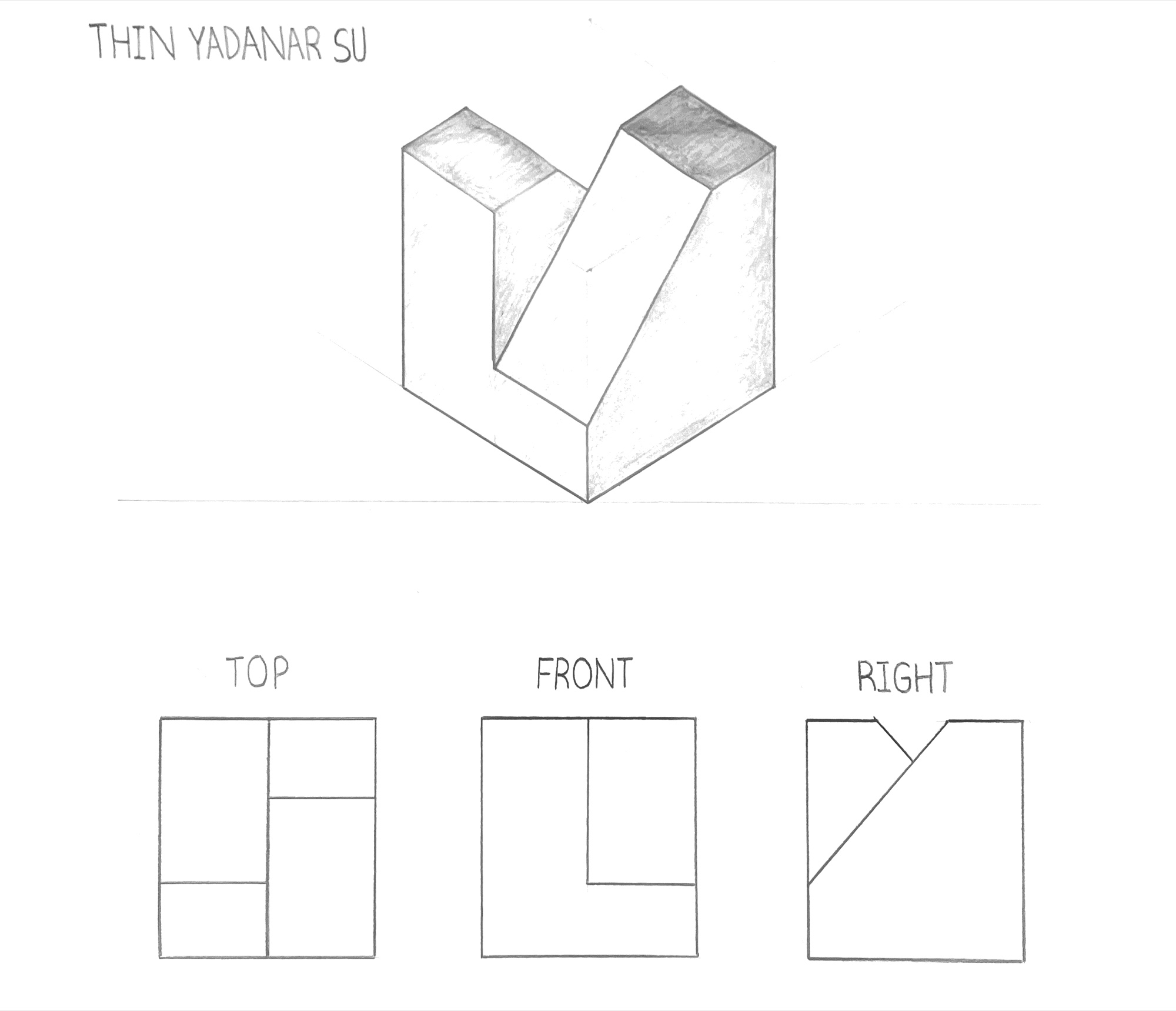 Orthographic projection Study 01: isometric with top, front and right views