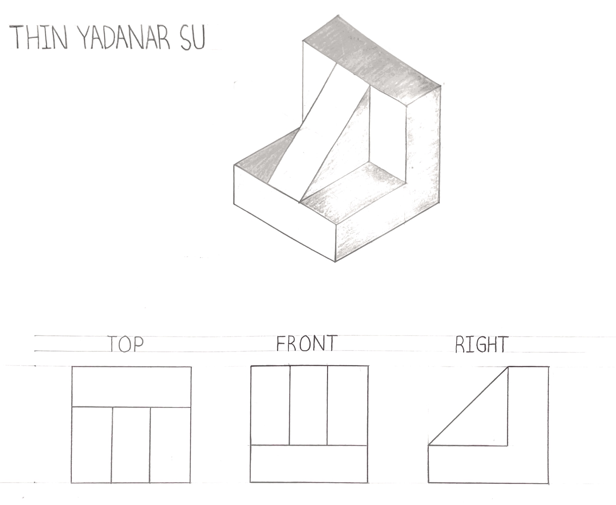 Orthographic projection Study 03: isometric with top, front and right views